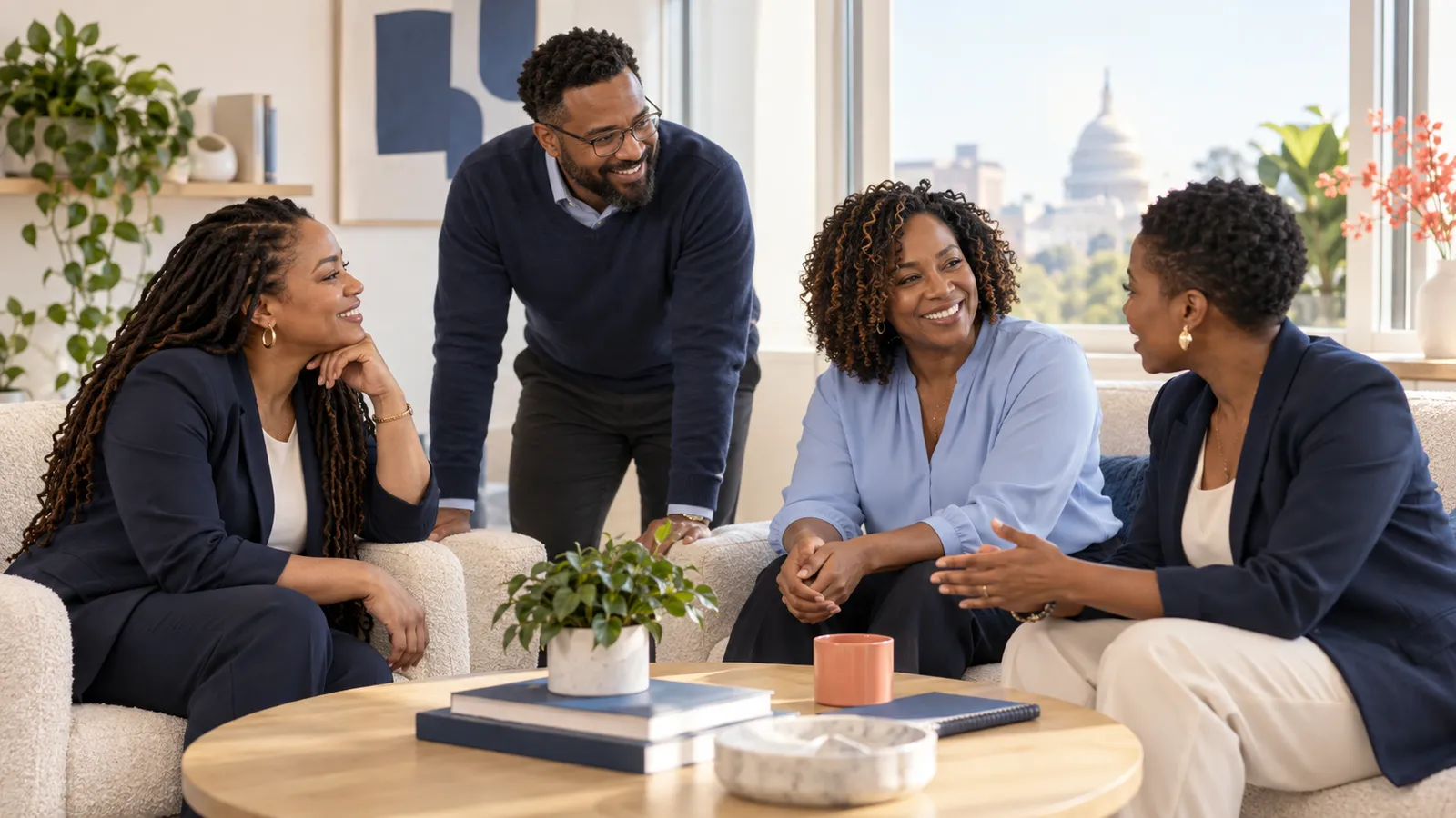A behavioral-health team collaborating in a bright office