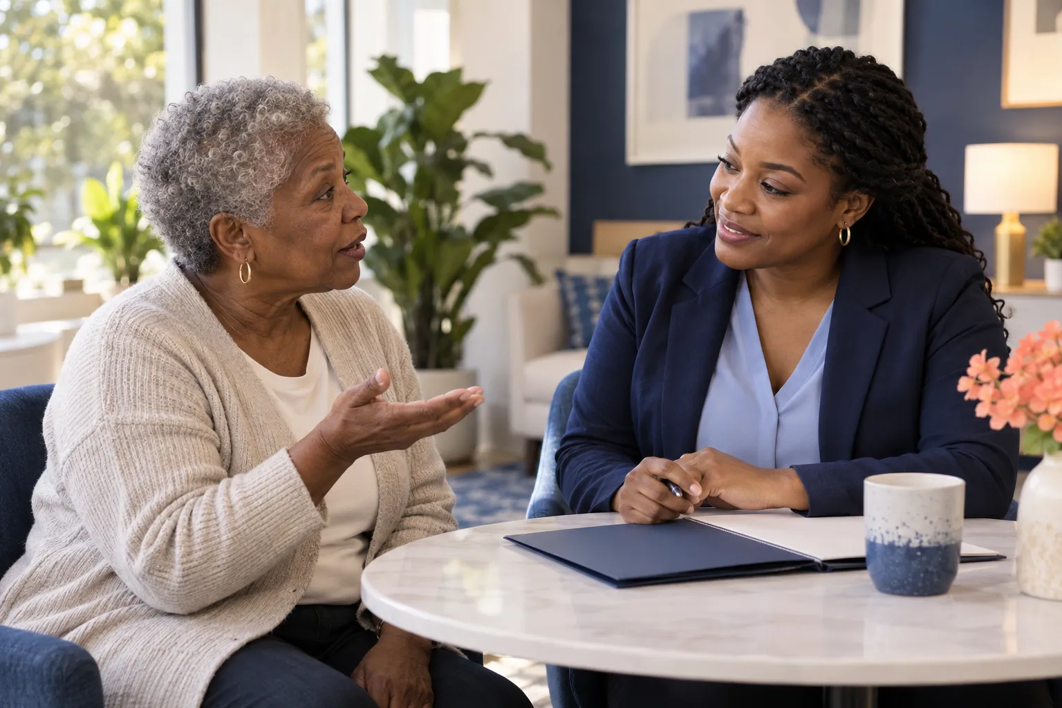 An older adult asking a care coordinator a question