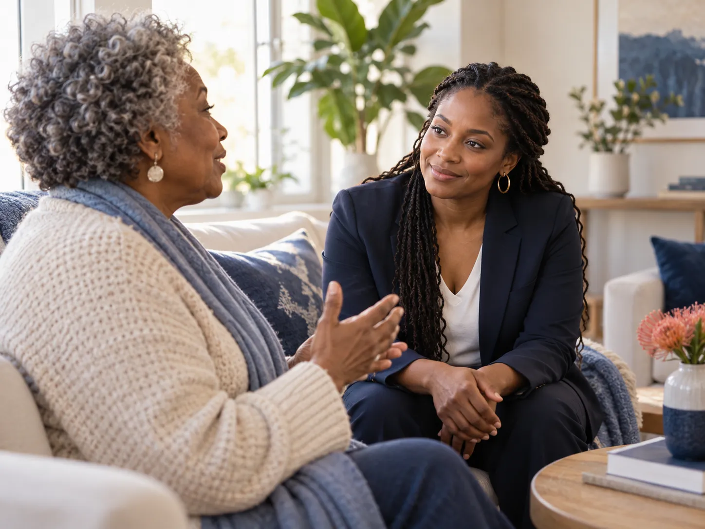 A behavioral-health professional listening with warmth and attention