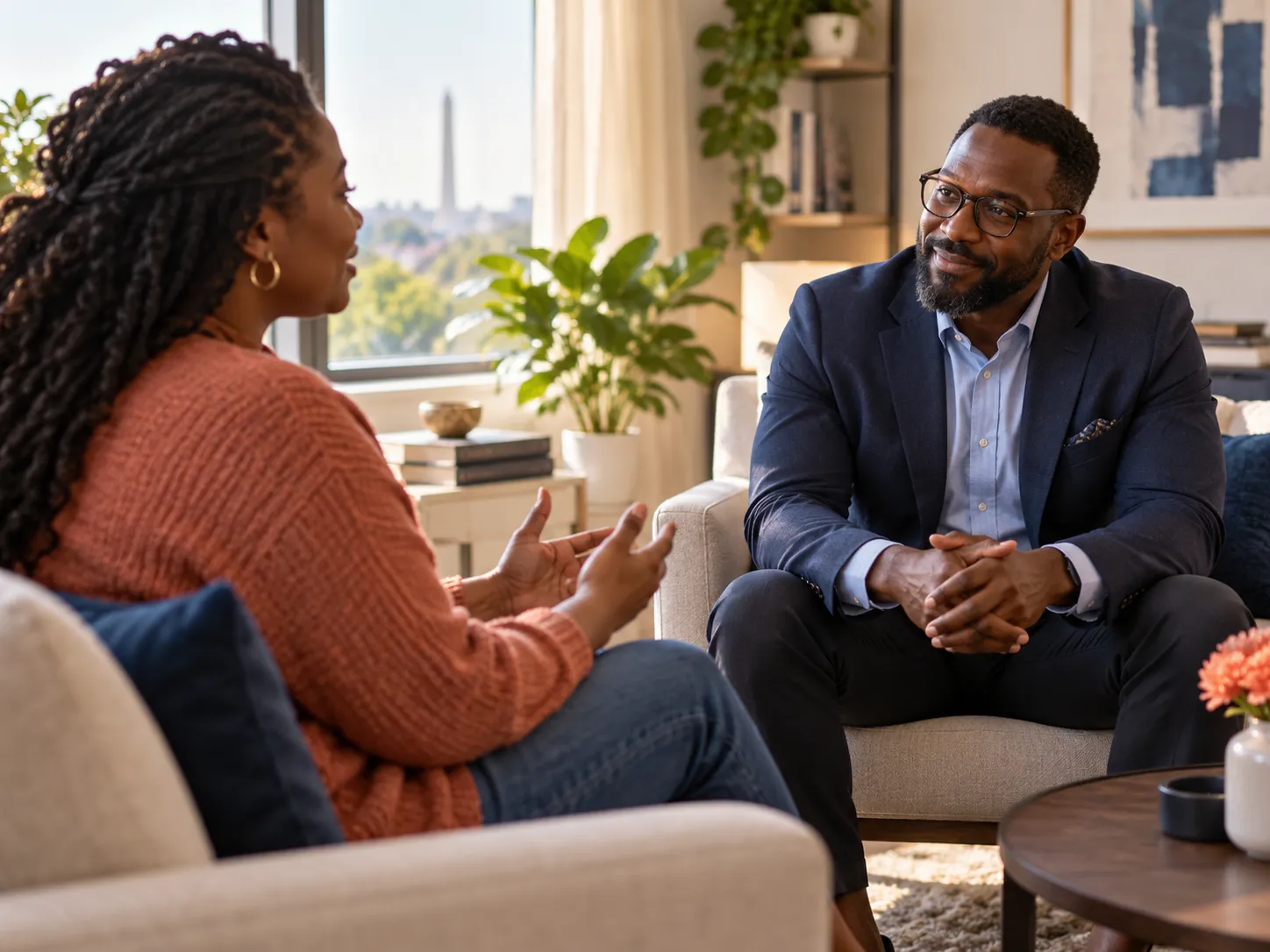 A behavioral-health professional listening attentively to a client
