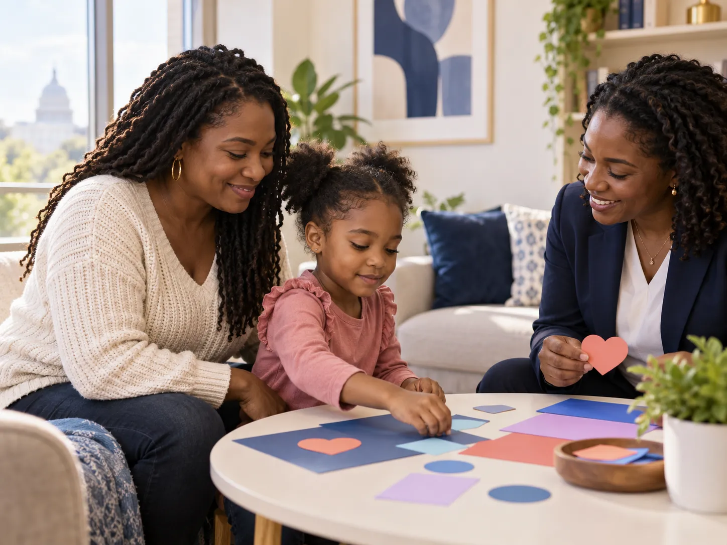 A child and caregiver taking part in a supportive creative activity