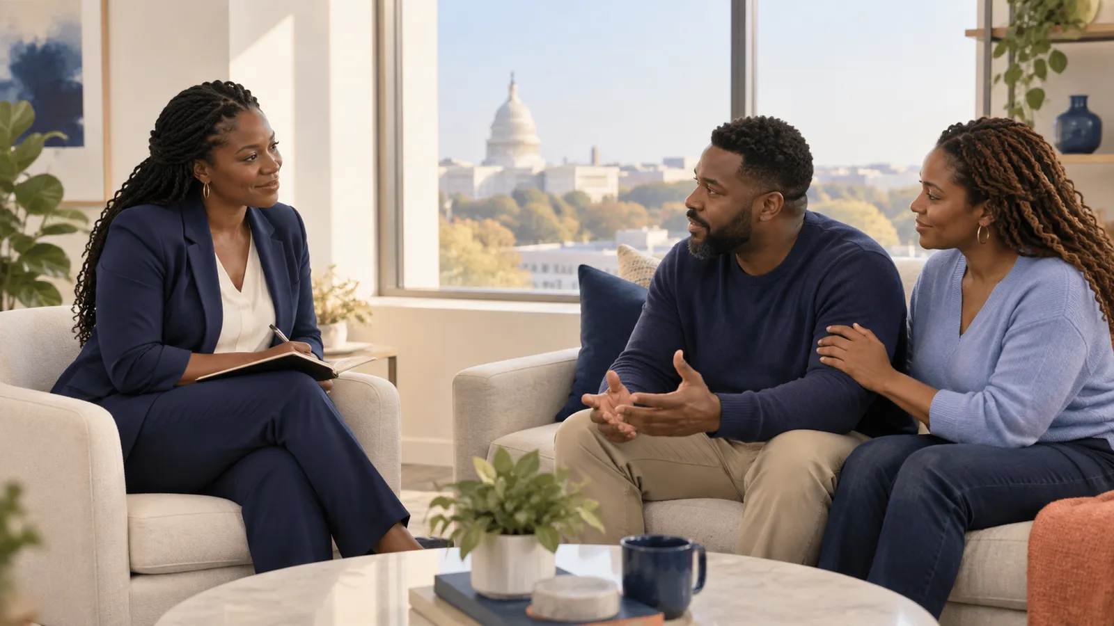 A behavioral-health professional listening during a calm family conversation
