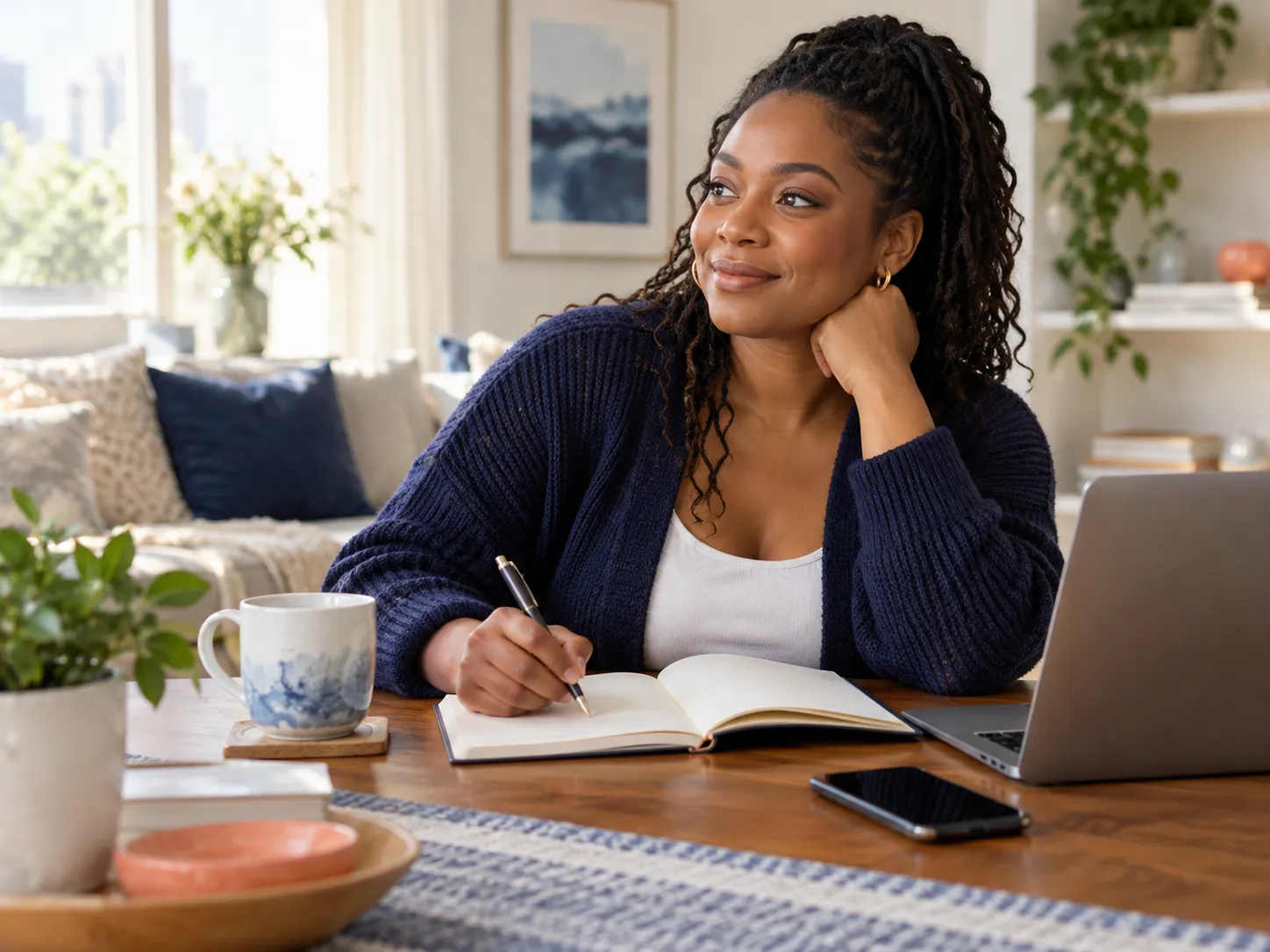 A woman preparing questions for a first appointment at home