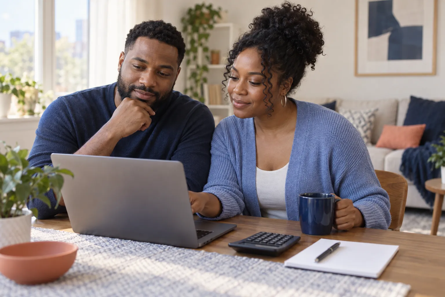 A couple reviewing payment questions together at home