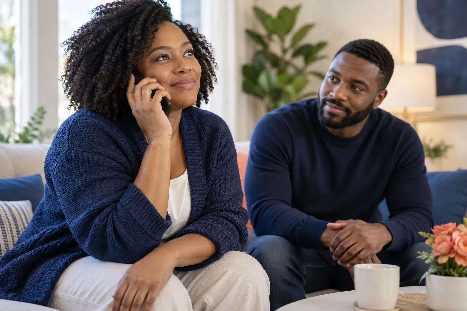 A woman reaching out by phone with support nearby
