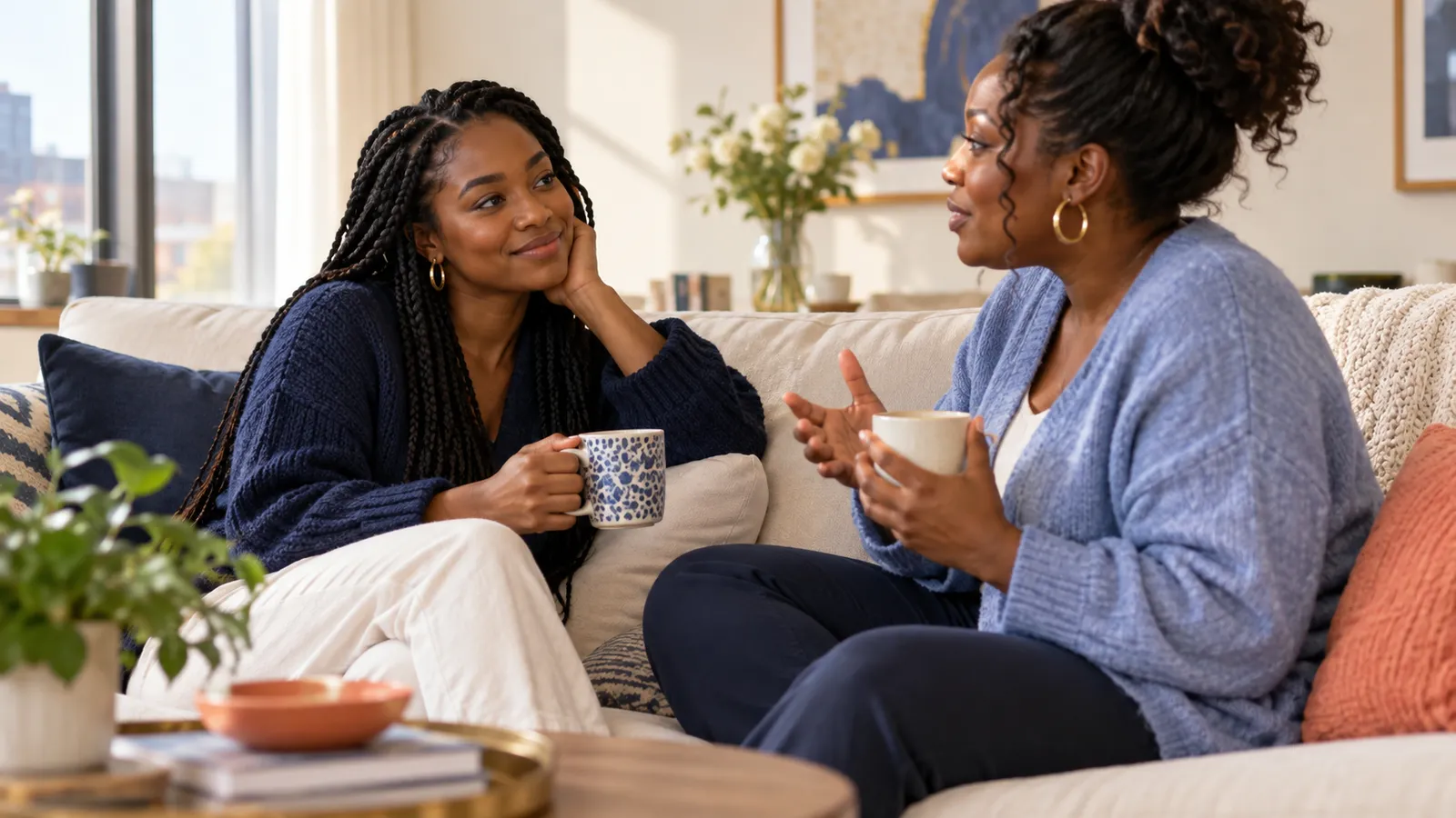 Two women sharing a supportive conversation at home