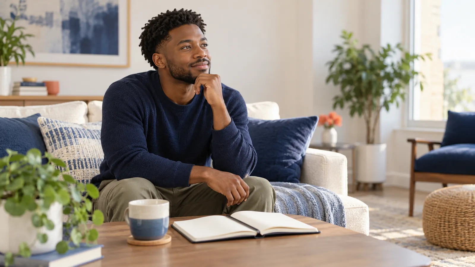 A man reflecting with a notebook before beginning therapy