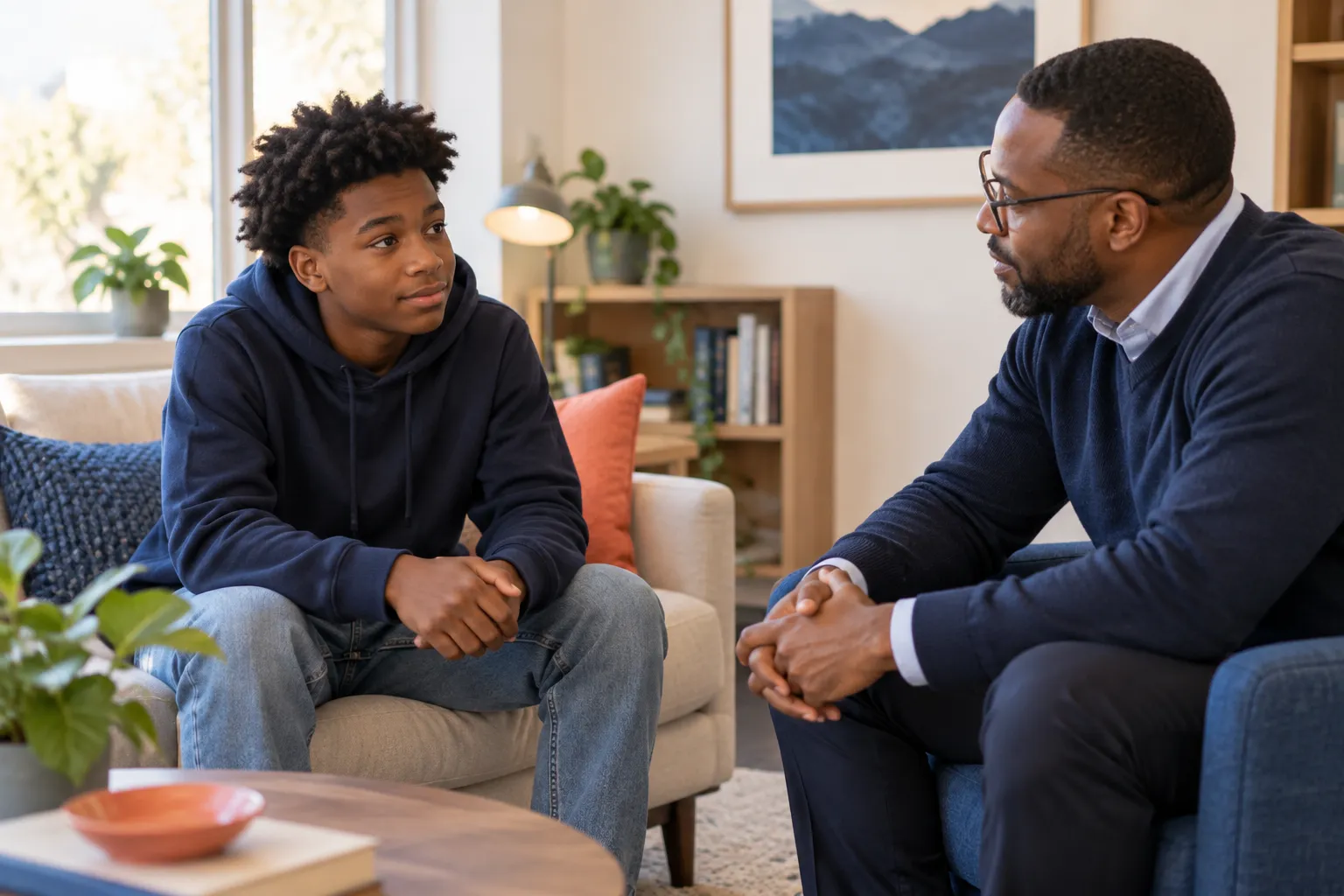 A teenager speaking with a supportive behavioral-health professional