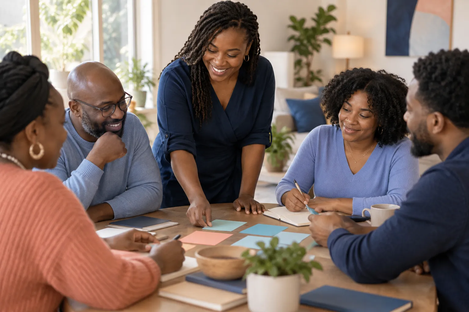 Neighbors connecting at a community support gathering