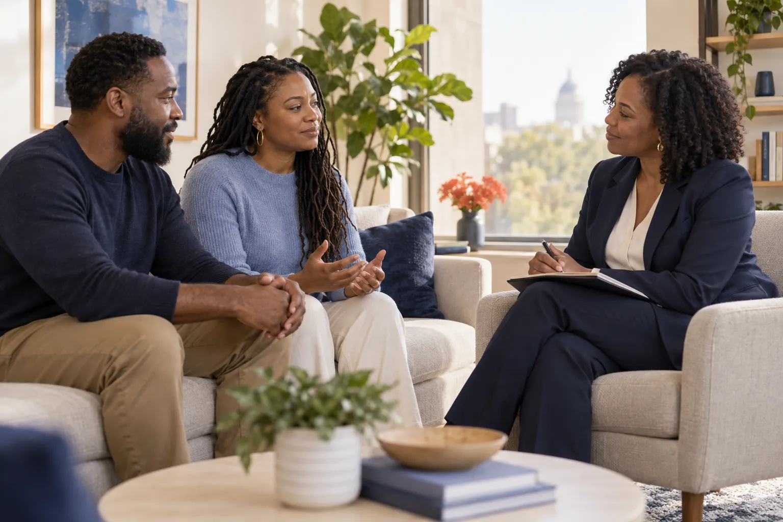 A couple in a supportive counseling conversation