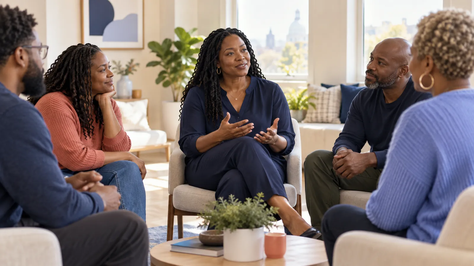 A small therapy group in a calm community room