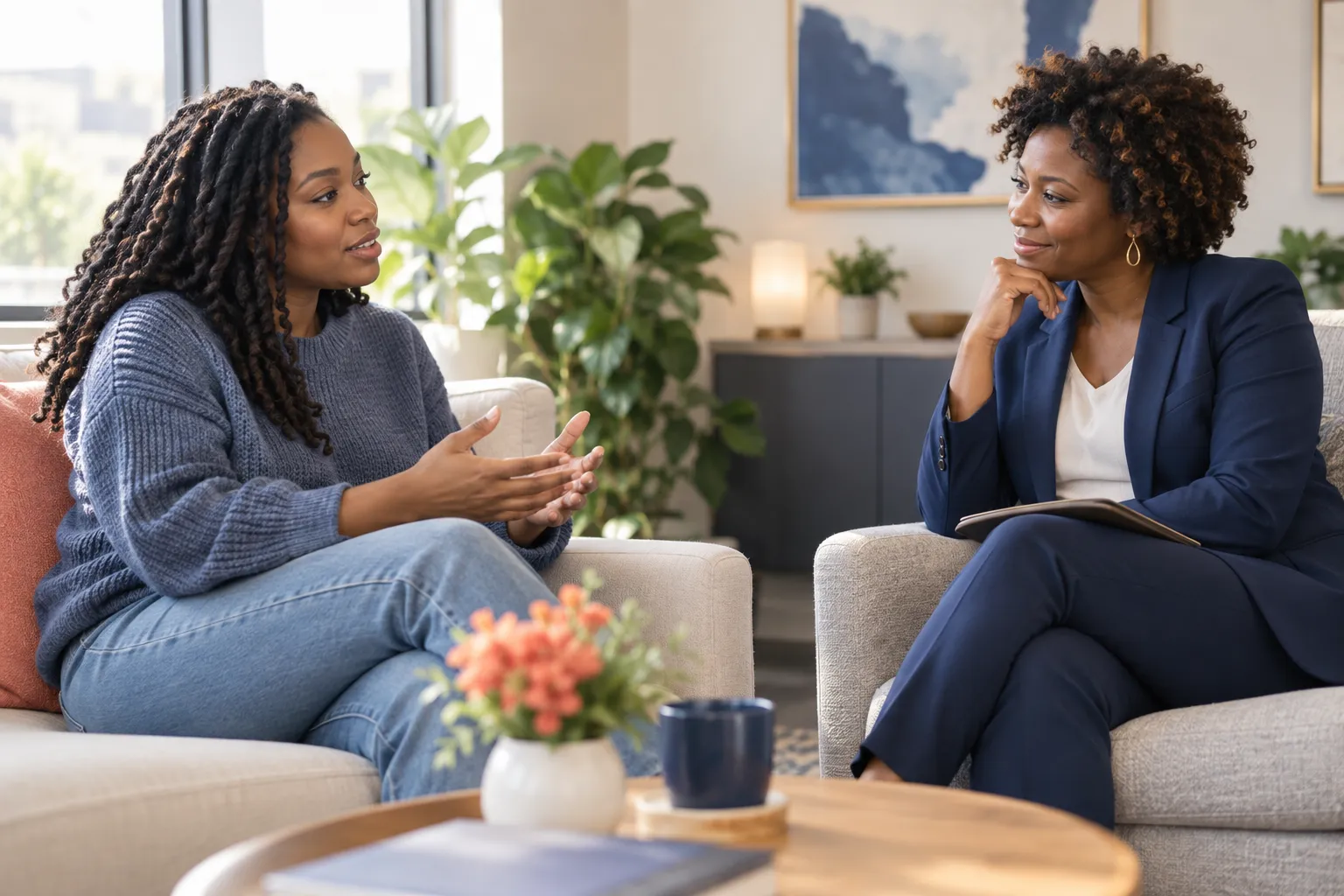 A woman speaking with a behavioral-health professional in a private office