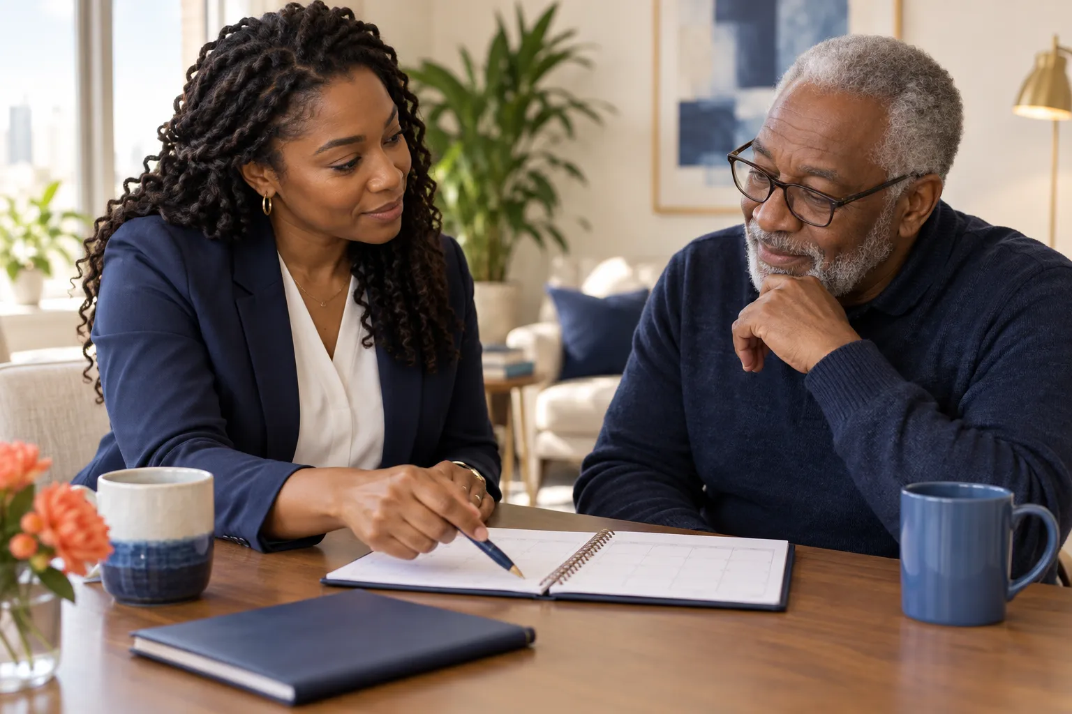 A clinician and older adult reviewing a follow-up plan together