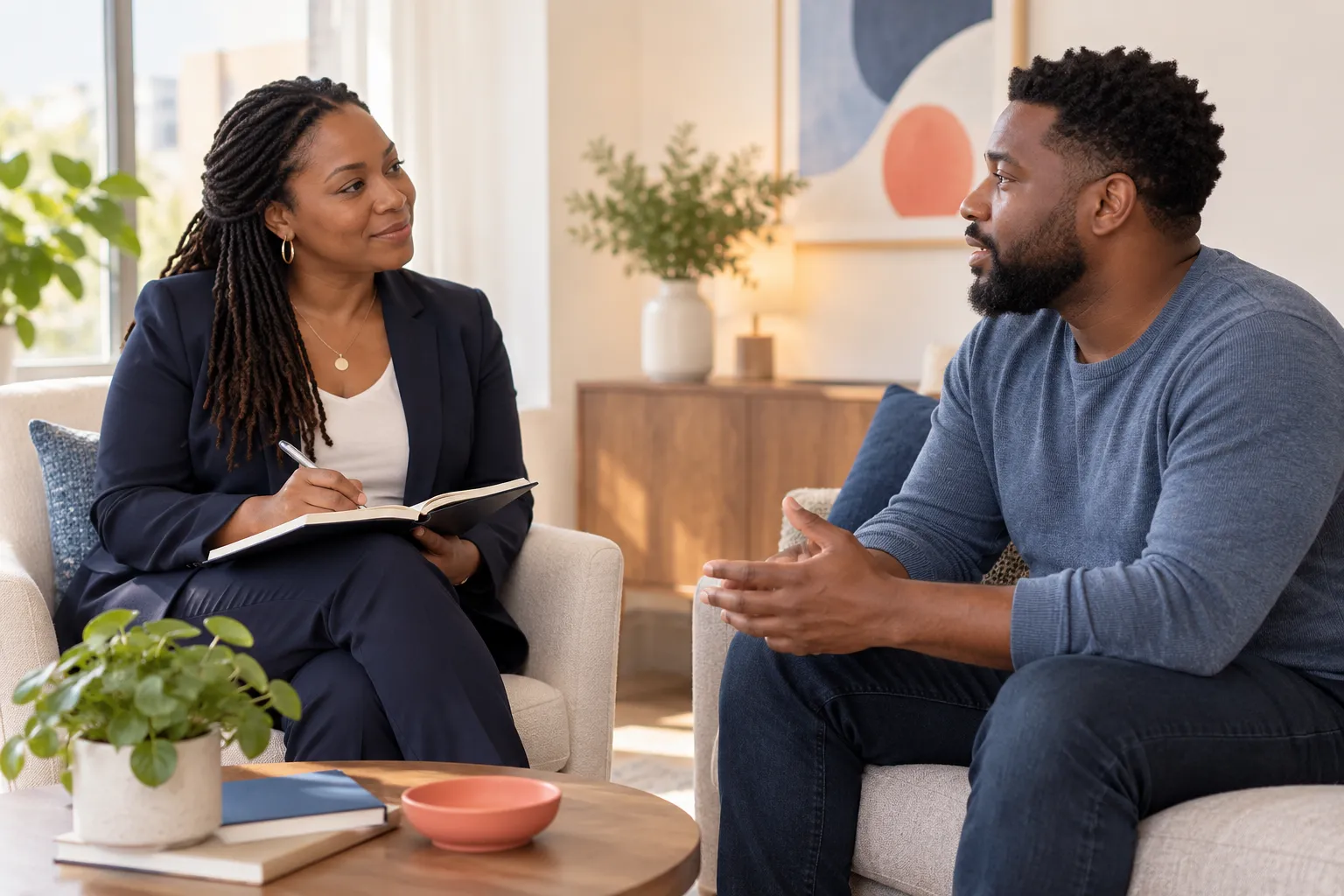A behavioral-health professional listening during an assessment conversation