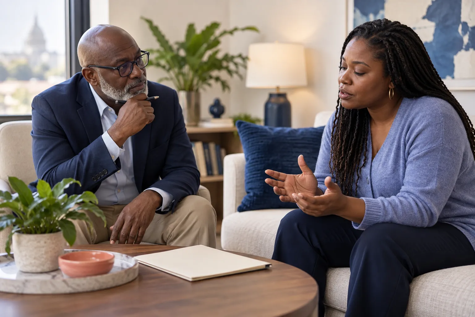 A behavioral-health professional and client reviewing concerns together