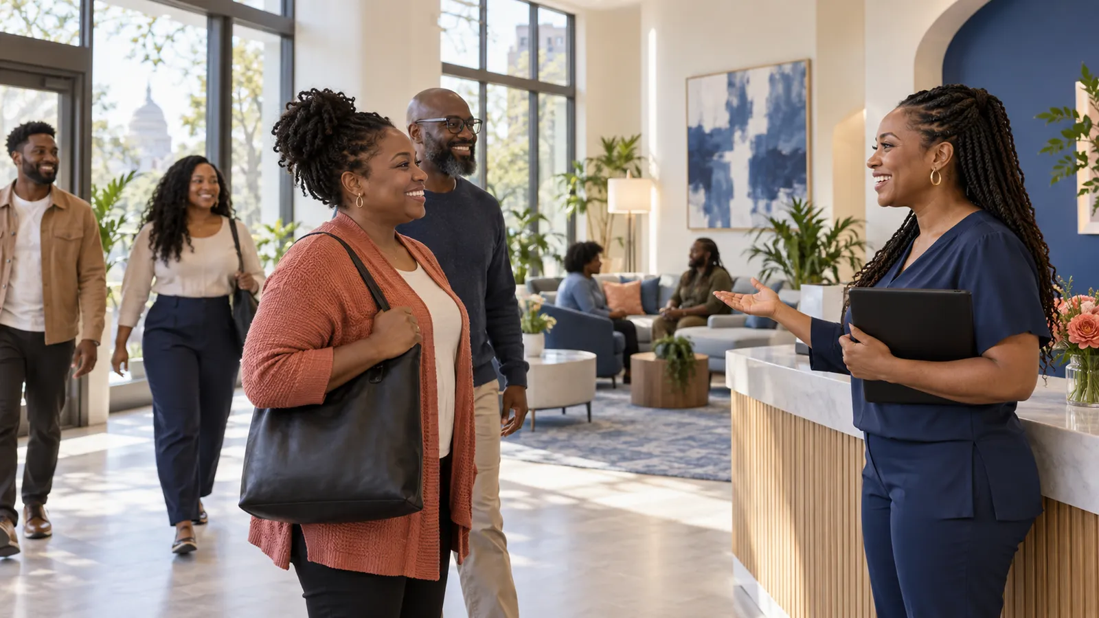 Clients arriving at a welcoming community behavioral-health setting